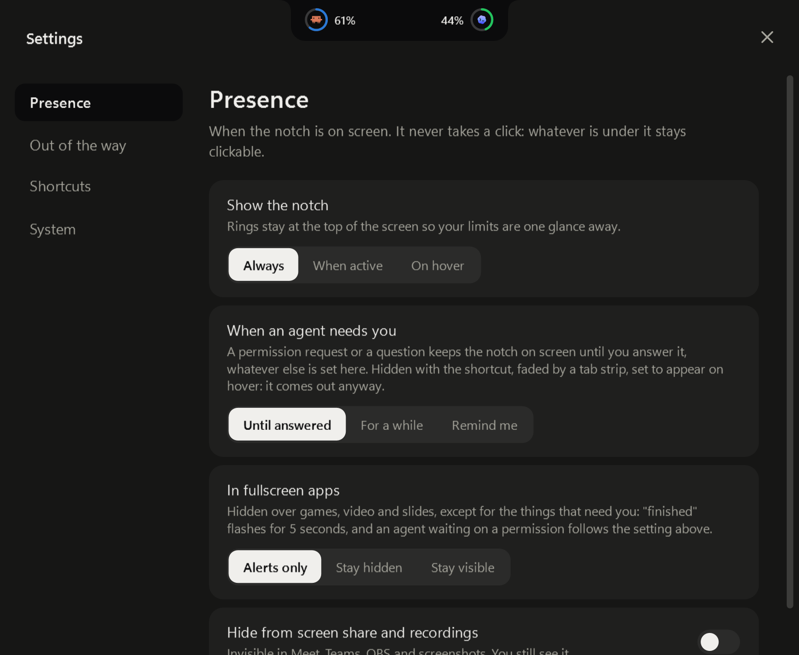 Notchy settings, Presence page